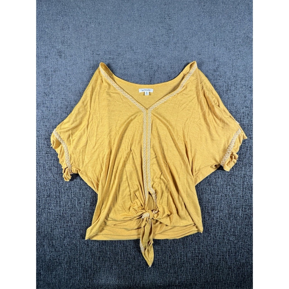 Women's Max Studio Golden Yellow Top Ties At Waist, Ruffled Short Sleeves Size S